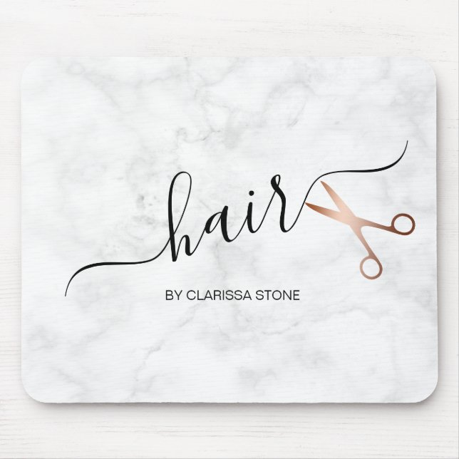 Elegant modern rose gold scissors hairstylist mouse pad (Front)