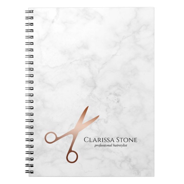 Elegant modern rose gold scissors hairstylist notebook (Front)