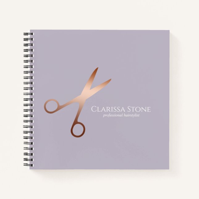 Elegant modern rose gold scissors hairstylist notebook (Front)