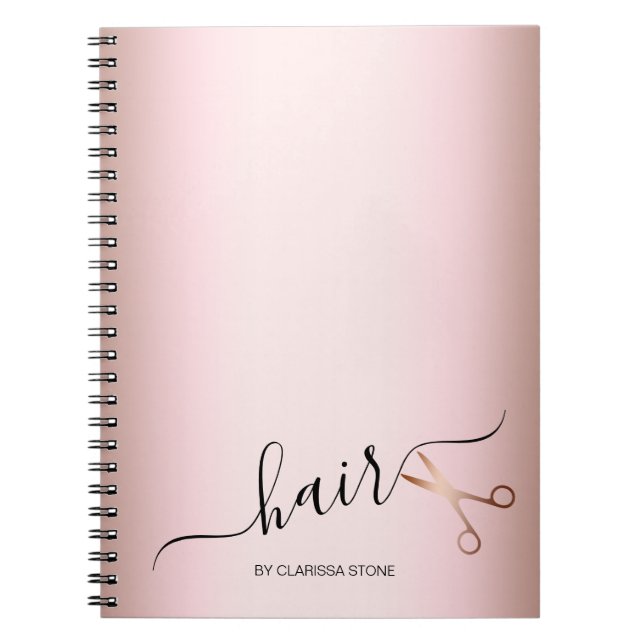 Elegant modern rose gold scissors hairstylist notebook (Front)