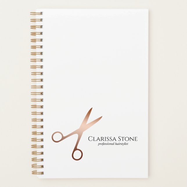 Elegant modern rose gold scissors hairstylist planner (Front)