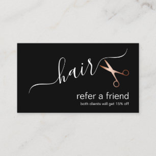 Elegant modern rose gold scissors hairstylist referral card