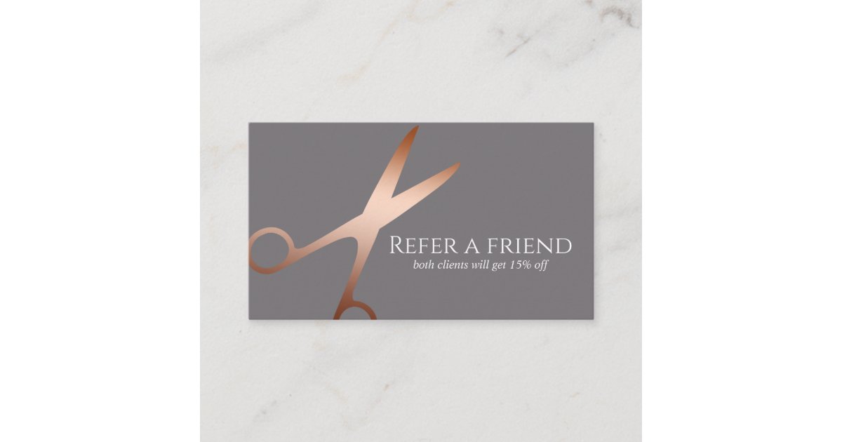 Elegant Modern Rose Gold Scissors Hairstylist Referral Card