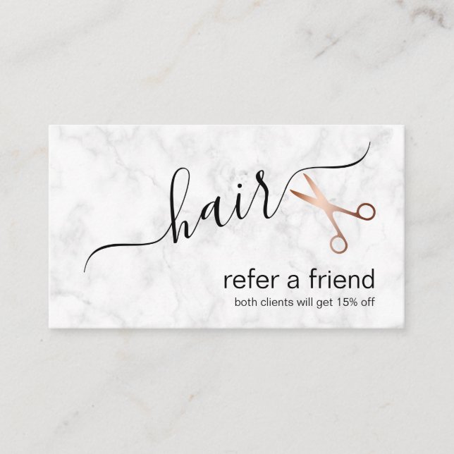 Elegant modern rose gold scissors hairstylist referral card (Front)