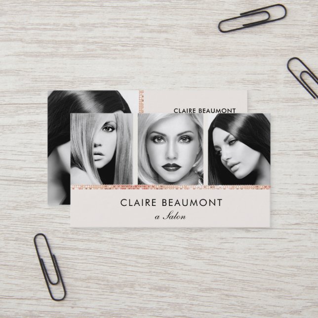 Elegant Modern Rose Gold Sequin Salon 3 Photo Card (Front/Back In Situ)
