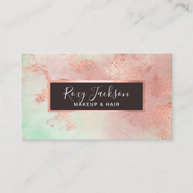Elegant modern rose gold watercolor makeup & hair business card (Front)