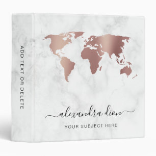 Elegant modern rose gold white marble world map binder