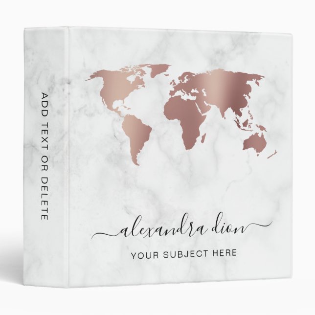 Elegant modern rose gold white marble world map binder (Front/Spine)