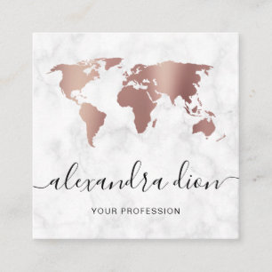 Elegant modern rose gold white marble world map square business card