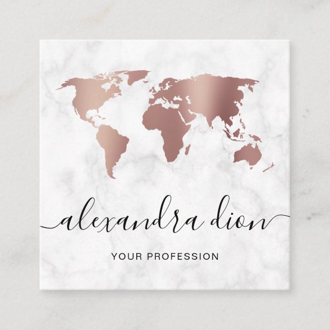 Elegant modern rose gold white marble world map square business card (Front)