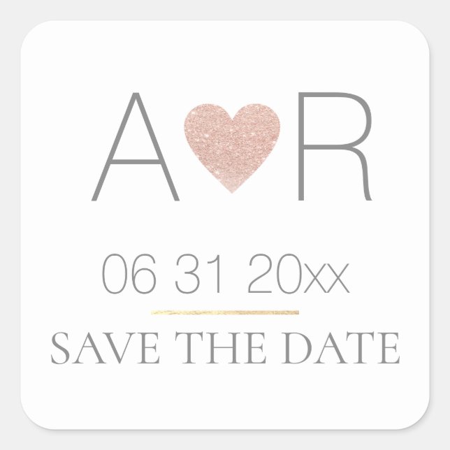 elegant modern rose love heart monogrammed wedding square sticker (Front)