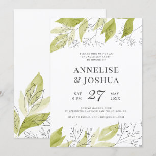 Elegant modern rustic green and white engagement invitation