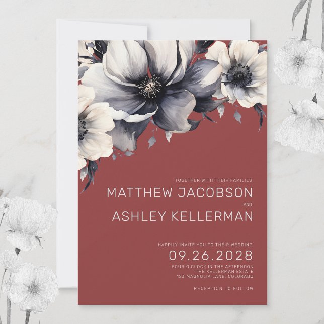 Elegant Modern Rustic Red Floral Wedding Invitation (Elegant Modern Fall Red White Floral Wedding Invitation)