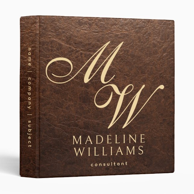 Elegant Modern Sable Leather Print Monogram Binder (Front/Spine)