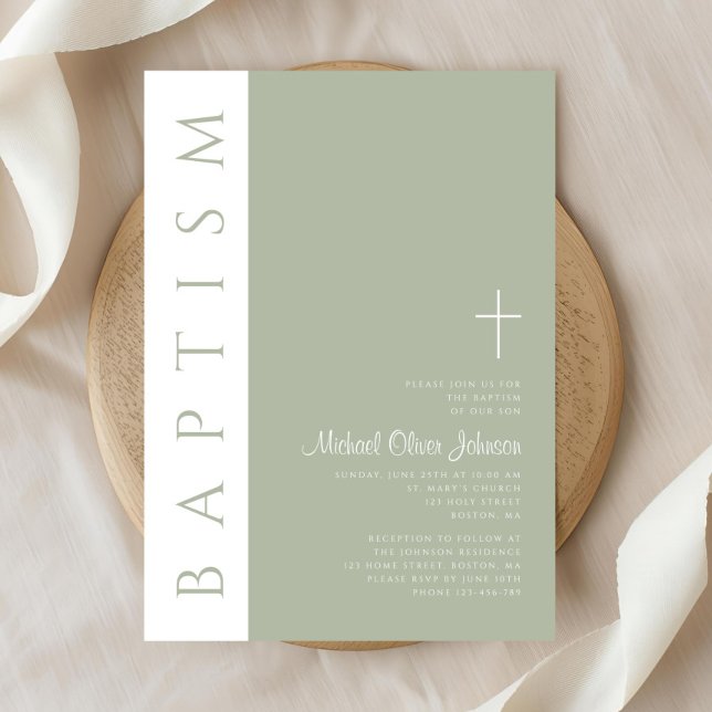 Elegant Modern Sage Green Cross Baptism Invitation (Elegant Modern Sage Green Cross Baptism Invitation)