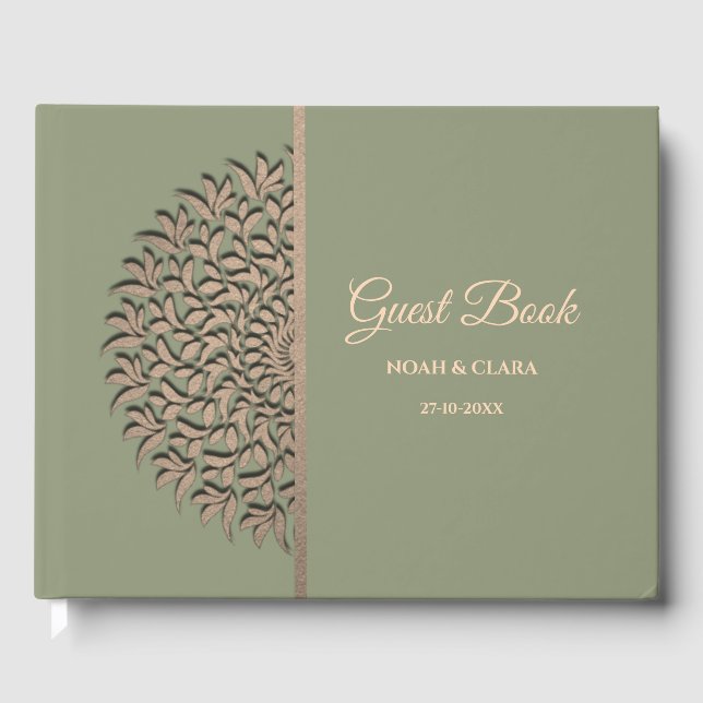 Elegant Modern Sage green & gold classic mandala G Guest Book (Front)