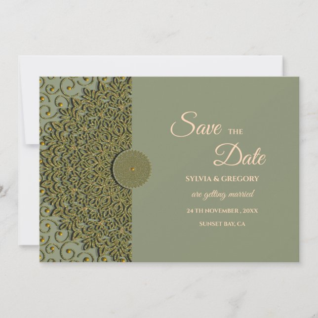 Elegant Modern Sage green & gold classic mandala Save The Date (Front)