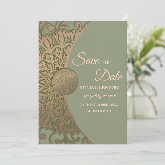 Elegant Modern Sage green & gold classic mandala Save The Date (Standing Front)