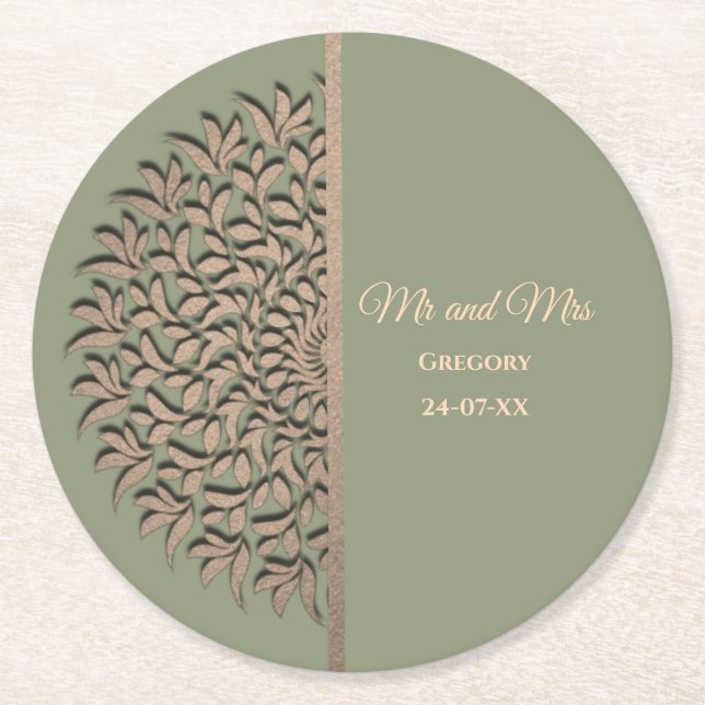 Elegant Modern Sage green & gold classic Square Pa Round Paper Coaster (Front)