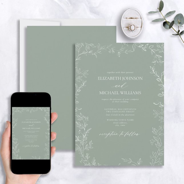 Elegant Modern Sage Green Minimal Leaf Wedding Invitation (Creator Uploaded)