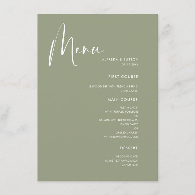 Elegant & modern Sage green wedding Menu (Front)