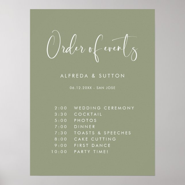 Elegant Modern Sage Green wedding Order of events Poster (Front)