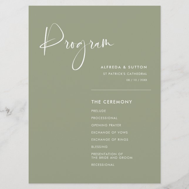 Elegant & modern Sage green wedding Program (Front)