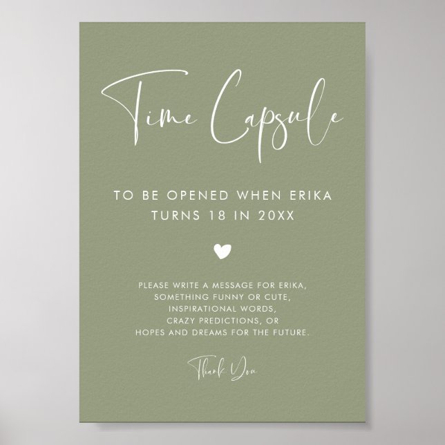 Elegant Modern Sage Time capsule 1st Birthday sign (Front)