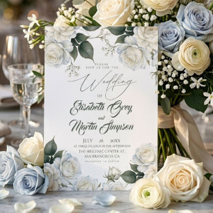 Elegant Modern Sage White Rose Florals Wedding Invitation