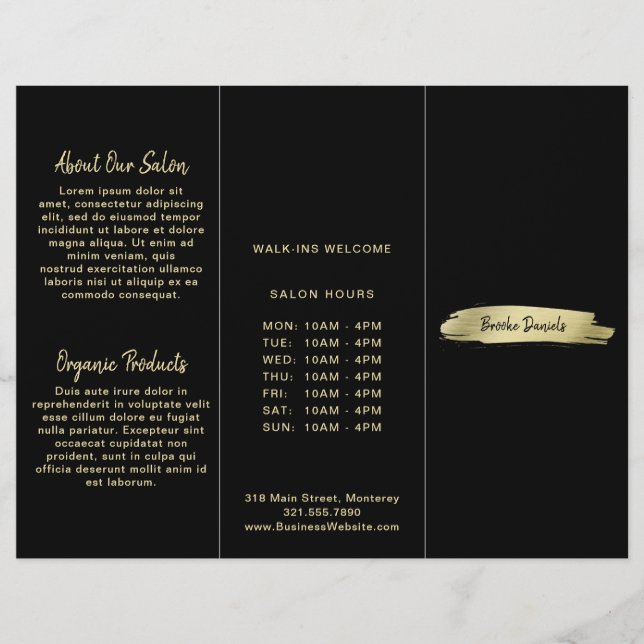 Elegant Modern Salon Black Gold Trifold Brochure (Front)