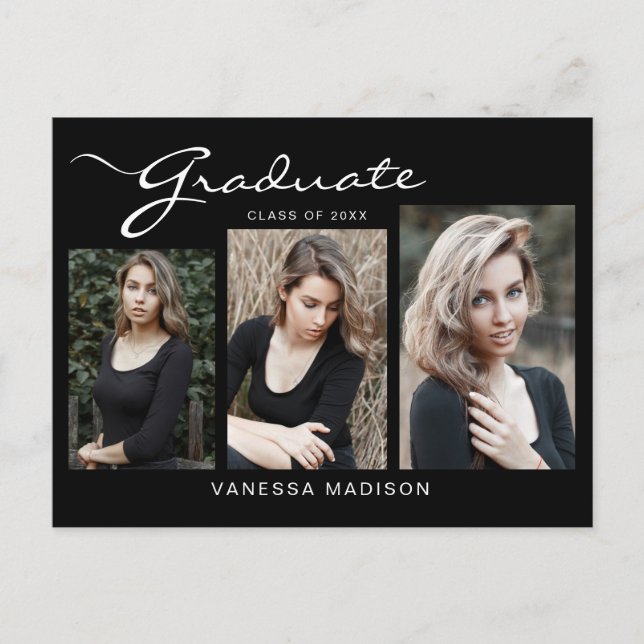 Elegant Modern Script | 3 Photo Grad Announcement Postcard (Front)