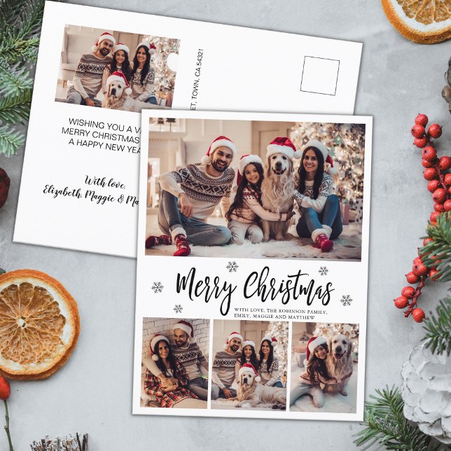 Elegant Modern Script 4 Photo Collage Christmas Postcard (Creator Uploaded)