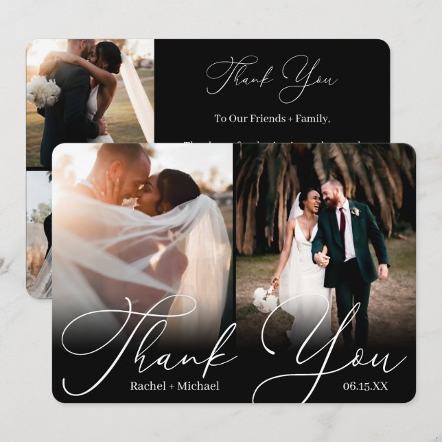 Elegant Modern Script 4 Photo Wedding Guest Thank You Card (Front/Back)