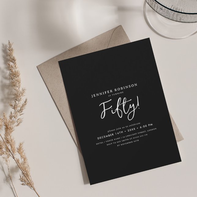 Elegant Modern Script 50th Birthday Party Black Invitation (Elegant Modern Script 50th Birthday Party Black Invitation)