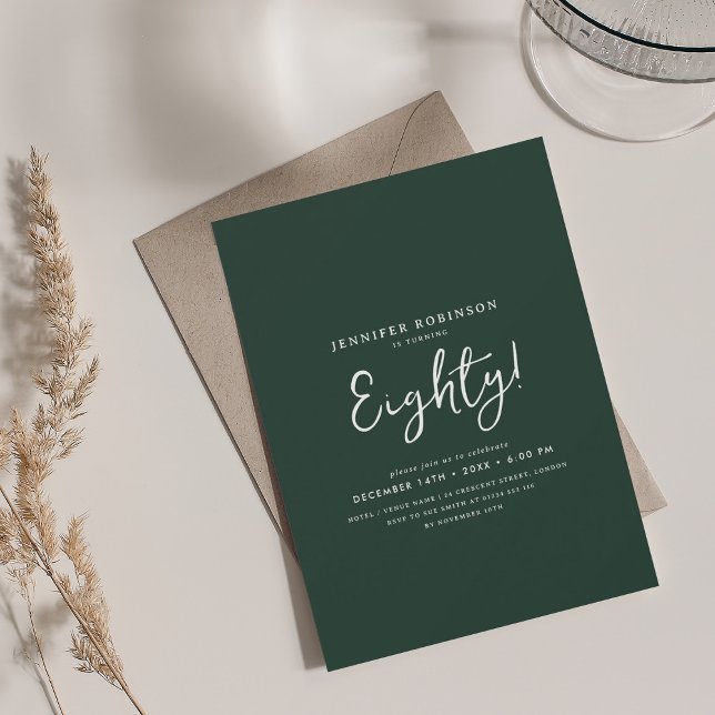 Elegant Modern Script 80th Birthday Party Emerald  Invitation (Elegant Modern Script 80th Birthday Party Emerald Invitation)
