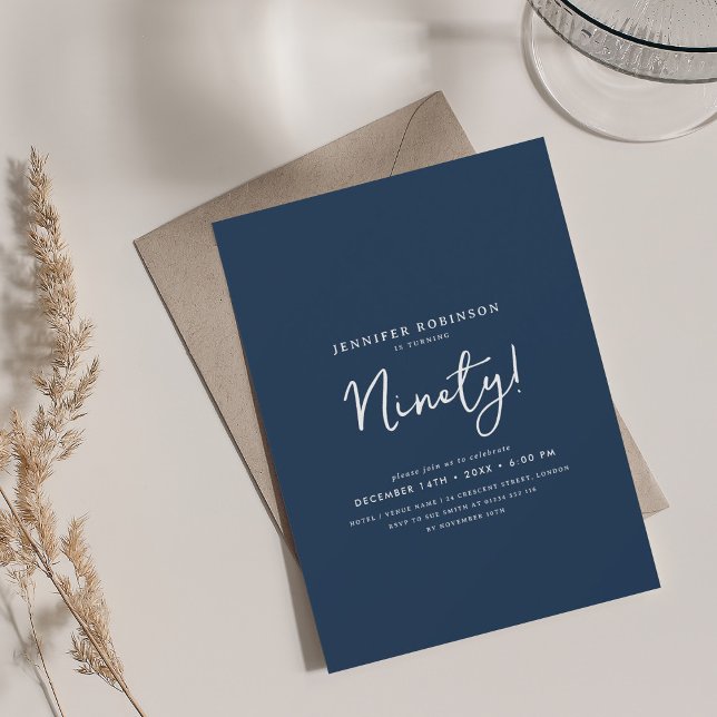 Elegant Modern Script 90th Birthday Navy Blue  Invitation (Elegant Modern Script 90th Birthday Navy Blue Invitation)