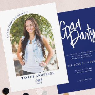 Elegant Modern Script Arch Photo Blue Grad Party Invitation