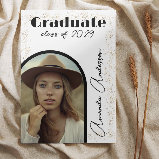  Elegant Modern Script Arch Photo Gold Graduation  Invitation (Creator Uploaded)