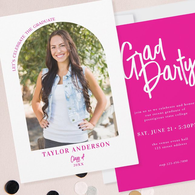 Elegant Modern Script Arch Photo Pink Grad Party Invitation (Creator Uploaded)