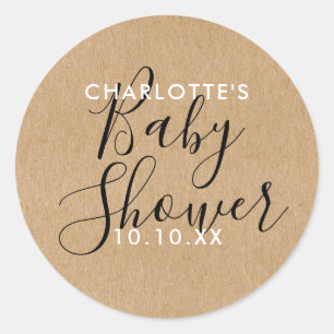 Elegant Modern Script Baby Shower Rustic Kraft  Classic Round Sticker