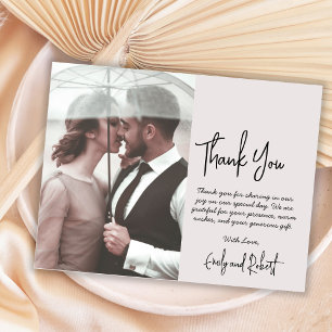Elegant Modern Script Beige Photo Wedding Thank You Card