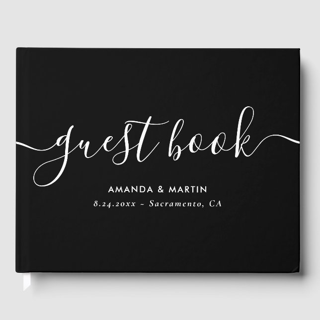 Elegant Modern Script Black and White Wedding Guest Book (Front)