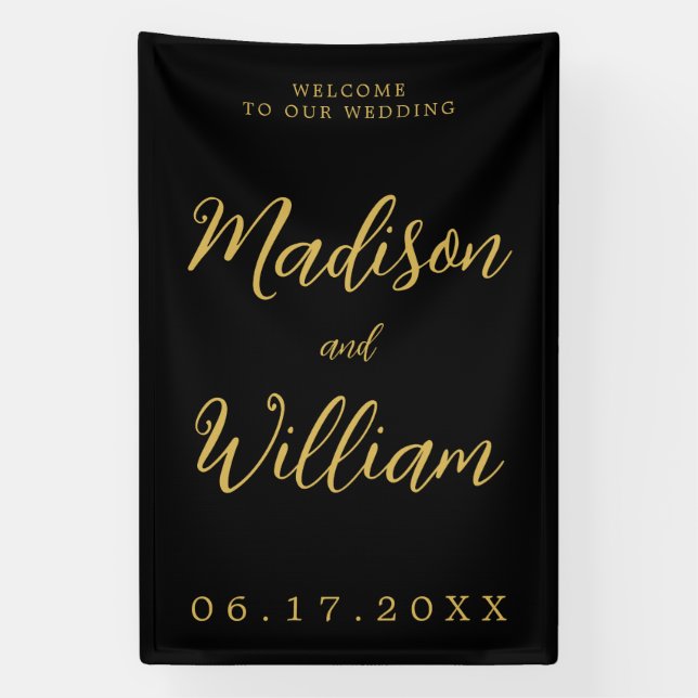 Elegant Modern Script Black Gold Welcome Wedding Banner (Vertical)