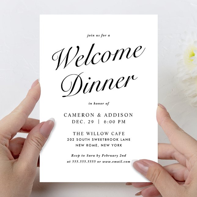 Elegant Modern Script Black + White Welcome Dinner Holiday Card (Elegant Modern Script Black + White Welcome Dinner Wedding Invitation Card)