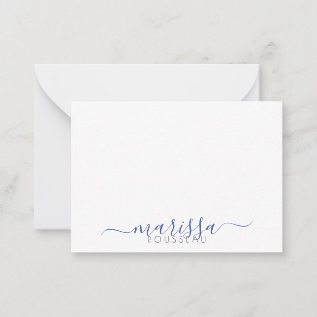 Elegant Modern Script Blue Monogram Name Note Card (Front)