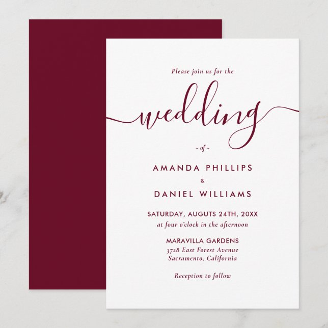 Elegant Modern Script Burgundy Wedding Invitation (Front/Back)