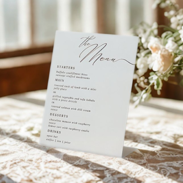Elegant Modern Script Calligraphy Wedding Dinner Pedestal Sign (Creator Uploaded)