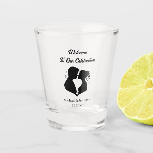 elegant modern script couple welcome wedding  shot glass (Front)