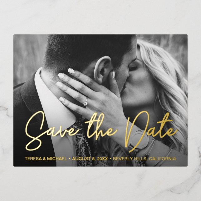 Elegant Modern Script Custom Photo Wedding Foil Holiday Postcard (Front)