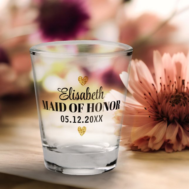   Elegant Modern Script Cute Glitter Hearts Custom Shot Glass (Creator Uploaded)